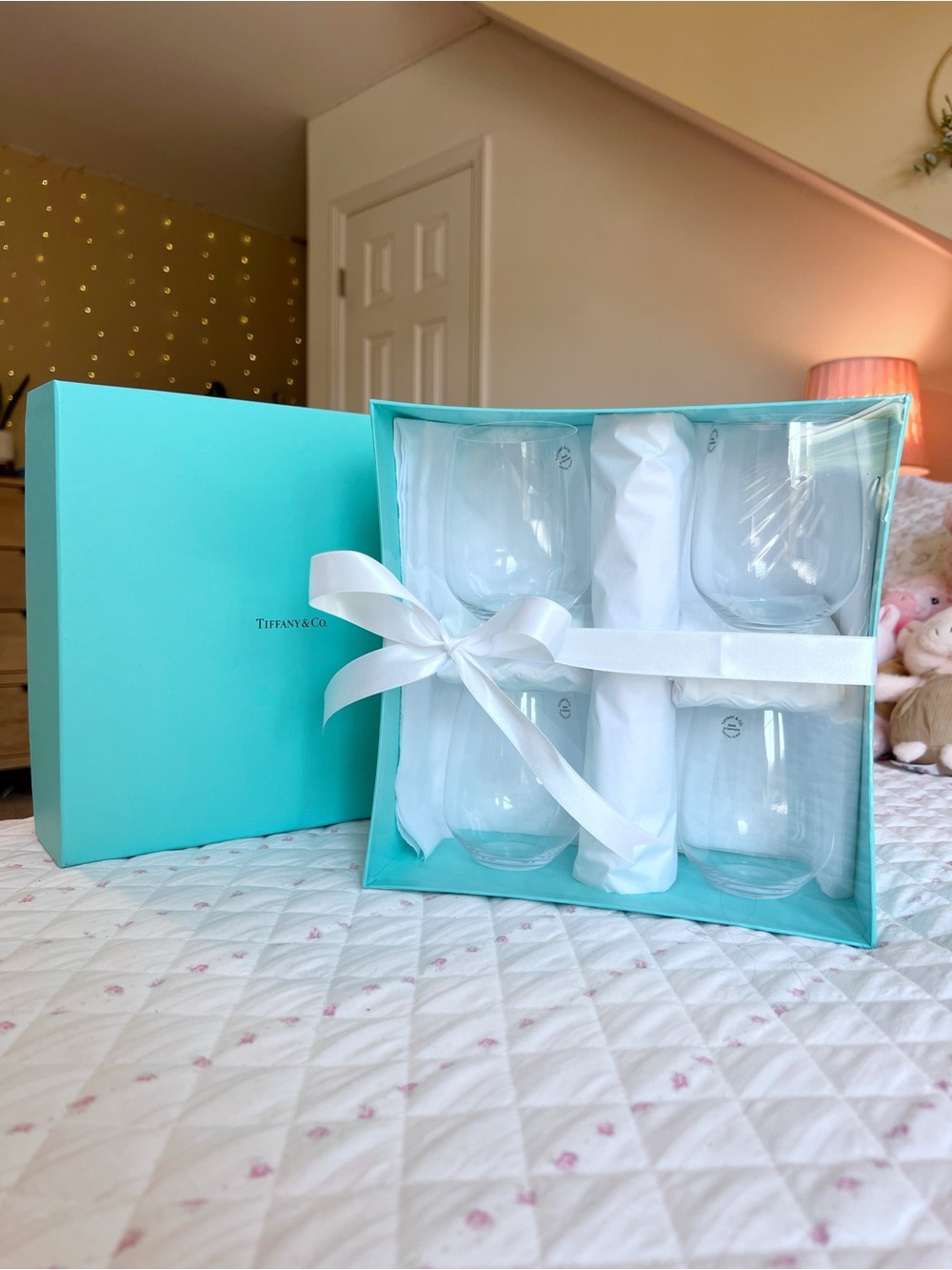 NWT Tiffany & Co. Crystal Stemless Wine Glasses Set of 4 Wedding Gift Box Ribbon